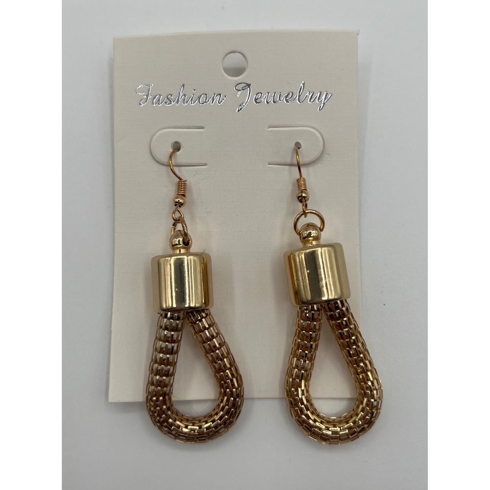 Gold Tone Mesh Loop Drop Earrings Textured Woven Statement Fashion Jewelry